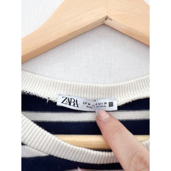 ZARA Navy Striped Knit Cap Sleeve Top Medium Nautical Sailor Sleeveless Blouse - Picture 3 of 5